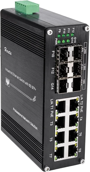 Industrial 14-Port Gigabit PoE+ Switch, Hardened Network Switch with 8 x Gigabit PoE+ Ports, 4 x 1.25G SFP, 2 x 10G SFP+, 802.3af/at 30W, 240W Total Budget, Plug & Play, Supports 48-57V DC Input