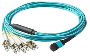 SpeedyFiberTX 1-Pack 8 Meter Low Loss Non-Pinned MPO to 8xLC Fiber Breakout Harness Cable, OM3 Corning ClearCurve Fiber, Aqua Riser OFNR Cable Jacket