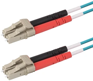 SpeedyFiberTX 1-Pack 12 Meter LC to LC Fiber Optic Patch Cable, Red and Black Boots, Corning ClearCurve Multimode OM3 50/125um Optical Fiber, Duplex Aqua Riser OFNR Cable Jacket