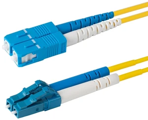 SpeedyFiberTX 1-Pack 20 Meter LC/U to SC/U Fiber Optic Patch Cable, Blue and White Boots, Corning SMF-28 Ultra Single-Mode 9/125um Optical Fiber, Duplex Yellow Riser OFNR Cable Jacket