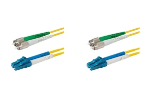 SpeedyFiberTX 2-Pack 1 Foot LC/U to FC/A Fiber Optic Patch Cable, Green, Blue, and White Boots, Corning SMF-28 Ultra Single-Mode 9/125um Optical Fiber, Duplex Yellow Riser OFNR Cable Jacket