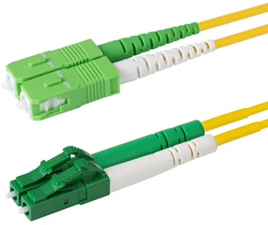 SpeedyFiberTX 1-Pack 9 Meter LC/A to SC/A Fiber Optic Patch Cable, Green and White Boots, Corning SMF-28 Ultra Single-Mode 9/125um Optical Fiber, Duplex Yellow Riser OFNR Cable Jacket