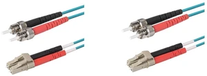 SpeedyFiberTX 2-Pack 9 Meter ST to LC Fiber Optic Patch Cable, Red and Black Boots, Corning ClearCurve Multimode OM4 50/125um Optical Fiber, Duplex Aqua Riser OFNR Cable Jacket
