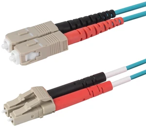 SpeedyFiberTX 1-Pack 35 Meter SC to LC Fiber Optic Patch Cable, Red and Black Boots, Corning ClearCurve Multimode OM3 50/125um Optical Fiber, Duplex Aqua Riser OFNR Cable Jacket