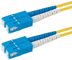 SpeedyFiberTX 1-Pack 50 Feet SC/U to SC/U Fiber Optic Patch Cable, Blue and White Boots, Corning SMF-28 Ultra Single-Mode 9/125um Optical Fiber, Duplex Yellow Riser OFNR Cable Jacket