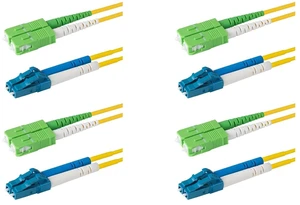 SpeedyFiberTX 4-Pack 50 Meter LC/U to SC/A Fiber Optic Patch Cable, Green, Blue, and White Boots, Corning SMF-28 Ultra Single-Mode 9/125um Optical Fiber, Duplex Yellow Riser OFNR Cable Jacket