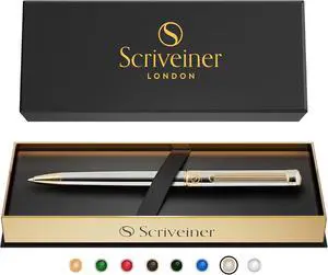Scriveiner Silver Chrome Ballpoint Pen - Stunning Luxury Pen, Real Gold Plating, Schmidt Black Refill, Best Ball Pen Gift Set for Men & Women, Professional, Executive, Office, Nice, Fancy Pens Scriveiner Silver Chrome Ballpoint Pen - Stunning Luxury Pen, Real Gold Plating, Schmidt Black Refill, Best Ball Pen Gift Set for Men & Women, Professional, Executive, Office, Nice, Fancy Pens
