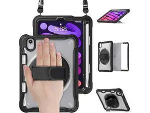 Case for iPad Mini 6 8.3 Inch 2021 with Pencil Holder Heavy Duty Rugged Shockproof Tablet Cover with 360° Rotating Hand Strap Foldable Hidden Stand & Shoulder Strap, Black Case for iPad Mini 6 8.3 Inch 2021 with Pencil Holder Heavy Duty Rugged Shockproof Tablet Cover with 360° Rotating Hand Strap Foldable Hidden Stand & Shoulder Strap, Black
