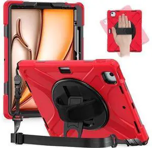 Case for iPad Air 11 inch (2024) M2 Chip Model A2902/A2903 Heavy Duty Rugged Durability Silicone Tablet Cover with 360° Rotating Hand Strap Foldable Hidden Stand & Shoulder Strap, Red Case for iPad Air 11 inch (2024) M2 Chip Model A2902/A2903 Heavy Duty Rugged Durability Silicone Tablet Cover with 360° Rotating Hand Strap Foldable Hidden Stand & Shoulder Strap, Red