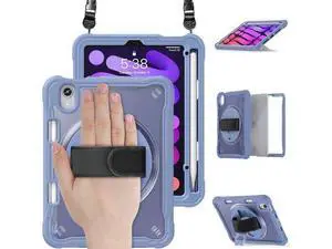 Case for iPad Mini 6 8.3 Inch 2021 with Pencil Holder Heavy Duty Rugged Shockproof Tablet Cover with 360° Rotating Hand Strap Foldable Hidden Stand & Shoulder Strap, Lavender Case for iPad Mini 6 8.3 Inch 2021 with Pencil Holder Heavy Duty Rugged Shockproof Tablet Cover with 360° Rotating Hand Strap Foldable Hidden Stand & Shoulder Strap, Lavender