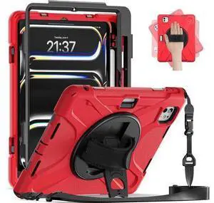 Case for iPad Pro 13-inch (2024) M4 Chip Model A2925/A2926 Heavy Duty Rugged Durability Silicone Tablet Cover with 360° Rotating Hand Strap Foldable Hidden Stand & Shoulder Strap, Red Case for iPad Pro 13-inch (2024) M4 Chip Model A2925/A2926 Heavy Duty Rugged Durability Silicone Tablet Cover with 360° Rotating Hand Strap Foldable Hidden Stand & Shoulder Strap, Red