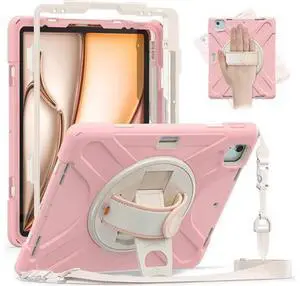 Case for iPad Air 13-inch (2024) M2 Chip Model A2898 Heavy Duty Rugged Durability Silicone Tablet Cover with 360° Rotating Hand Strap Foldable Hidden Stand & Shoulder Strap, Pink Case for iPad Air 13-inch (2024) M2 Chip Model A2898 Heavy Duty Rugged Durability Silicone Tablet Cover with 360° Rotating Hand Strap Foldable Hidden Stand & Shoulder Strap, Pink