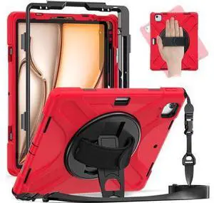 Case for iPad Air 13 inch (2024) M2 Chip Model A2898/A2899 Heavy Duty Rugged Durability Silicone Tablet Cover with 360° Rotating Hand Strap Foldable Hidden Stand & Shoulder Strap, Red Case for iPad Air 13 inch (2024) M2 Chip Model A2898/A2899 Heavy Duty Rugged Durability Silicone Tablet Cover with 360° Rotating Hand Strap Foldable Hidden Stand & Shoulder Strap, Red