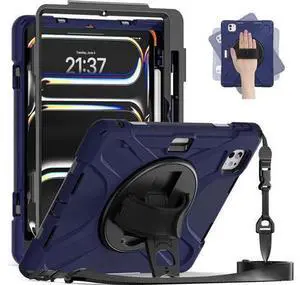 Case for iPad Pro 13-inch (2024) M4 Chip Model A2925/A2926 Heavy Duty Rugged Durability Silicone Tablet Cover with 360° Rotating Hand Strap Foldable Hidden Stand & Shoulder Strap, Navy Blue Case for iPad Pro 13-inch (2024) M4 Chip Model A2925/A2926 Heavy Duty Rugged Durability Silicone Tablet Cover with 360° Rotating Hand Strap Foldable Hidden Stand & Shoulder Strap, Navy Blue