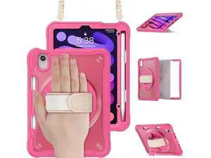 Case for iPad Mini 6 8.3 Inch 2021 with Pencil Holder Heavy Duty Rugged Shockproof Tablet Cover with 360° Rotating Hand Strap Foldable Hidden Stand & Shoulder Strap, Pink Case for iPad Mini 6 8.3 Inch 2021 with Pencil Holder Heavy Duty Rugged Shockproof Tablet Cover with 360° Rotating Hand Strap Foldable Hidden Stand & Shoulder Strap, Pink
