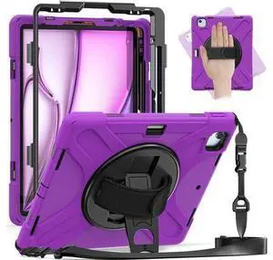 Case for iPad Air 13 inch (2024) M2 Chip Model A2898/A2899 Heavy Duty Rugged Durability Silicone Tablet Cover with 360° Rotating Hand Strap Foldable Hidden Stand & Shoulder Strap, Purple Case for iPad Air 13 inch (2024) M2 Chip Model A2898/A2899 Heavy Duty Rugged Durability Silicone Tablet Cover with 360° Rotating Hand Strap Foldable Hidden Stand & Shoulder Strap, Purple