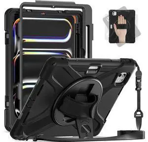 Case for iPad Pro 13-inch (2024) M4 Chip Model A2925 Heavy Duty Rugged Durability Silicone Tablet Cover with 360° Rotating Hand Strap Foldable Hidden Stand & Shoulder Strap, Black Case for iPad Pro 13-inch (2024) M4 Chip Model A2925 Heavy Duty Rugged Durability Silicone Tablet Cover with 360° Rotating Hand Strap Foldable Hidden Stand & Shoulder Strap, Black