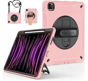 Case for iPad Pro 12.9 2022/2021: Military Grade Heavy Duty Shockproof Cover for iPad Pro 12.9 Inch 6th/5th Generation- Pencil Holder - Rotating Stand - Hand/Shoulder Strap - Pink Case for iPad Pro 12.9 2022/2021: Military Grade Heavy Duty Shockproof Cover for iPad Pro 12.9 Inch 6th/5th Generation- Pencil Holder - Rotating Stand - Hand/Shoulder Strap - Pink