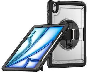 Case for iPad Air (2024) 11-inch M2 Chip Multilayered Rugged Durable Shockproof Tablet Cover with 360° Rotating Hand Strap Foldable Hidden Stand, Transparent Case for iPad Air (2024) 11-inch M2 Chip Multilayered Rugged Durable Shockproof Tablet Cover with 360° Rotating Hand Strap Foldable Hidden Stand, Transparent