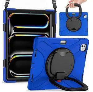 for iPad Pro 13 inch Case (2024) M4 Chip Model A2925/A2926 Heavy Duty Rugged Durability Silicone Tablet Cover with 360° Rotating Ring Foldable Kickstand & Shoulder Strap, Blue for iPad Pro 13 inch Case (2024) M4 Chip Model A2925/A2926 Heavy Duty Rugged Durability Silicone Tablet Cover with 360° Rotating Ring Foldable Kickstand & Shoulder Strap, Blue