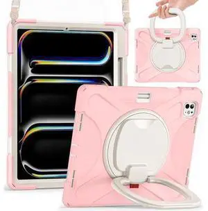 for iPad Pro 13-inch Case (2024) M4 Chip Model A2925 Heavy Duty Rugged Durability Silicone Tablet Cover with 360° Rotating Ring Foldable Kickstand & Shoulder Strap, Pink for iPad Pro 13-inch Case (2024) M4 Chip Model A2925 Heavy Duty Rugged Durability Silicone Tablet Cover with 360° Rotating Ring Foldable Kickstand & Shoulder Strap, Pink