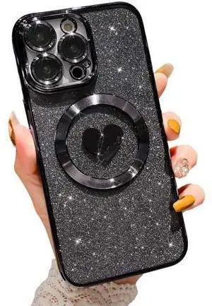 Compatible with iPhone 15 Pro Max 6.7 Inch Case with Magsafe, Plating Heart Glitter Magnetic Case for Women Girl TPU Camera Protection Back Cover for iPhone 15 Pro Max Black Compatible with iPhone 15 Pro Max 6.7 Inch Case with Magsafe, Plating Heart Glitter Magnetic Case for Women Girl TPU Camera Protection Back Cover for iPhone 15 Pro Max Black