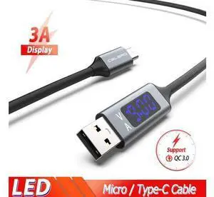 LED Digital Display Micro USB Type C Cable 3A Fast Quick Charge QC3.0 Kabel for S10 Note 10 Mi 9 USB Charge Cable LED Digital Display Micro USB Type C Cable 3A Fast Quick Charge QC3.0 Kabel for S10 Note 10 Mi 9 USB Charge Cable