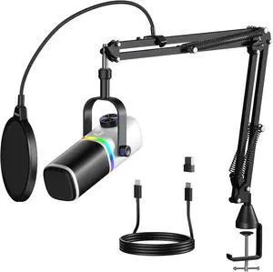 Aokeo AK-10 USB Gaming Microphone with mic arm, Condenser Microphone for PC/MAC/PS4/PS5/Phone-Cardioid Mic with RGB LightingWhite Aokeo AK-10 USB Gaming Microphone with mic arm, Condenser Microphone for PC/MAC/PS4/PS5/Phone-Cardioid Mic with RGB LightingWhite