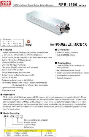 MEAN WELL RPB-1600-24 28.8V 55A 1584W Intelligent Single Output Battery Charger MEAN WELL RPB-1600-24 28.8V 55A 1584W Intelligent Single Output Battery Charger
