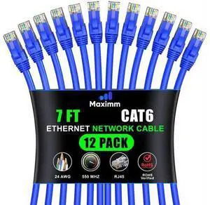 Maximm Cat 6 Ethernet Cable - 7 ft (12-Pack), High-Speed LAN, Internet, Patch, and Network Cable - UTP, 10Gbps, 550MHz - Blue Maximm Cat 6 Ethernet Cable - 7 ft (12-Pack), High-Speed LAN, Internet, Patch, and Network Cable - UTP, 10Gbps, 550MHz - Blue