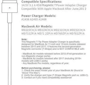 Mac Book Air Charger AC 45W Magnetic T-Tip Power Adapter Charger Compatible with MacBook Air 11-inch/13-inch (2012-2017) Mac Book Air Charger AC 45W Magnetic T-Tip Power Adapter Charger Compatible with MacBook Air 11-inch/13-inch (2012-2017)
