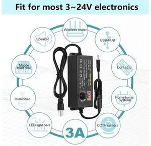 Adjustable Power Adapter 3V ~ 24V Universal Power Supply 3A 72W AC/DC Adapter Variable DC Power Supply AC 100V-240V Universal AC Adapter Converter Transformer with Test Leads Adjustable Power Adapter 3V ~ 24V Universal Power Supply 3A 72W AC/DC Adapter Variable DC Power Supply AC 100V-240V Universal AC Adapter Converter Transformer with Test Leads