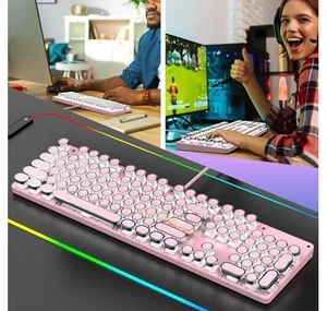 Typewriter Mechanical Gaming Keyboard with White Light Backlit Red Switches, 104 Keys Retro Round Keycap, Wired Typewriter Style Comfortable Typing Soud (Pink LED) Typewriter Mechanical Gaming Keyboard with White Light Backlit Red Switches, 104 Keys Retro Round Keycap, Wired Typewriter Style Comfortable Typing Soud (Pink LED)