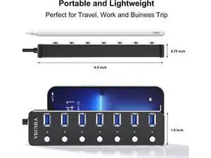 USB Hub, VKUSRA 7 Port USB Hub 3.0 with 4ft USB Long Cable, and Aluminum USB 3.0 Hub with Individual On/Off Switch and LED Indicator, USB Splitter for Laptop & PC, Power Adapter Not Included USB Hub, VKUSRA 7 Port USB Hub 3.0 with 4ft USB Long Cable, and Aluminum USB 3.0 Hub with Individual On/Off Switch and LED Indicator, USB Splitter for Laptop & PC, Power Adapter Not Included