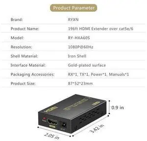 RYXN HDMI Extender Over Cat5e/6, HDMI Over Ethernet Extender 196ft, HDMI Balun Support HDMI 1.4 1080P 3D EDID, Adopting Single Power Supply POC Technology RYXN HDMI Extender Over Cat5e/6, HDMI Over Ethernet Extender 196ft, HDMI Balun Support HDMI 1.4 1080P 3D EDID, Adopting Single Power Supply POC Technology