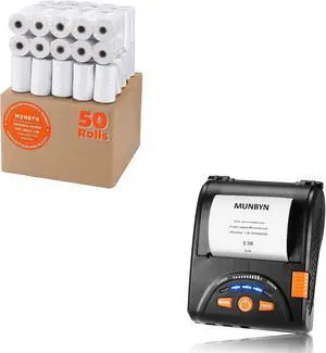 MUNBYN 58mm Mini Wireless Bluetooth Receipt Printer and 2 1/4" x 50' Thermal Paper (50 Rolls), BPA Free 58mm Receipt Paper MUNBYN 58mm Mini Wireless Bluetooth Receipt Printer and 2 1/4" x 50' Thermal Paper (50 Rolls), BPA Free 58mm Receipt Paper