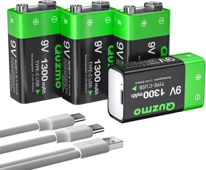 4-Pack Rechargeable 9V Batteries, 1300mAh 9 Volt Lithium-ion Long Lasting Power, USB-C Recharge with 2 in 1 Charging Cable for Smoke Alarms