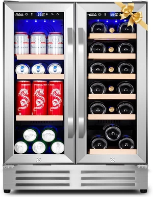 Wine and Beverage Refrigerator, 24 Inch Dual Zone Fridge with Glass Door, Built-In Cooler with Powerful and Quite Cool System/18 Bottles and 88 Cans Capacity Bverage Cooler Wine and Beverage Refrigerator, 24 Inch Dual Zone Fridge with Glass Door, Built-In Cooler with Powerful and Quite Cool System/18 Bottles and 88 Cans Capacity Bverage Cooler