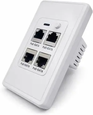 Active PoE-Jack 4 Port in-Wall Gigabit PoE Ethernet Extender Switch Plate, IEEE 802.3bt Uplink, Passes VLAN, Extends Ethernet, Cameras, POS, WiFi AP, VoIP & More.1 Rear Port & 4 Ports Out the Front. Active PoE-Jack 4 Port in-Wall Gigabit PoE Ethernet Extender Switch Plate, IEEE 802.3bt Uplink, Passes VLAN, Extends Ethernet, Cameras, POS, WiFi AP, VoIP & More.1 Rear Port & 4 Ports Out the Front.
