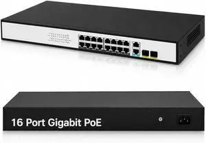 JideTech 20-Port Gigabit PoE Switch, 16-Port PoE+ with 2 RJ45 Uplink & 2 SFP, Up to 300W, IEEE 802.3af/at, 36Gbps Unmanaged Ethernet Switch for IP Cameras, NVR & APs JideTech 20-Port Gigabit PoE Switch, 16-Port PoE+ with 2 RJ45 Uplink & 2 SFP, Up to 300W, IEEE 802.3af/at, 36Gbps Unmanaged Ethernet Switch for IP Cameras, NVR & APs