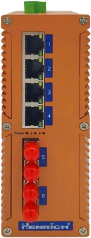 Henrich 4x100Mbps Copper Port 2 ST Multi-Mode Fiber Port Din-Rail Switch Henrich 4x100Mbps Copper Port 2 ST Multi-Mode Fiber Port Din-Rail Switch