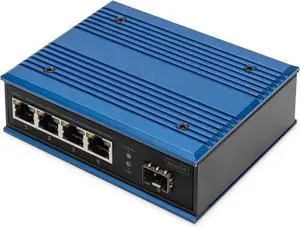 DIGITUS 5 Port Industrial Gigabit Ethernet Switch - Unmanageable - 4 Ports RJ45 + 1 Port SFP - 10/100/1000 Mbps - Rail Mount - IP40 Protection Rating - Blue/Black DIGITUS 5 Port Industrial Gigabit Ethernet Switch - Unmanageable - 4 Ports RJ45 + 1 Port SFP - 10/100/1000 Mbps - Rail Mount - IP40 Protection Rating - Blue/Black