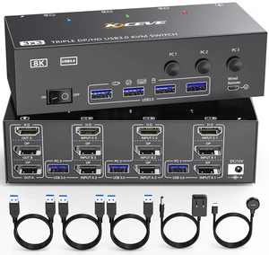 HDMI + DisplayPort KVM Switch for 3 Monitors & 3 Computers 8K USB 3.0 DP Switcher, 8K@30Hz/4K@144Hz, 3 PCs Share 3 Displays & 4 USB 3.0 Devices HDMI + DisplayPort KVM Switch for 3 Monitors & 3 Computers 8K USB 3.0 DP Switcher, 8K@30Hz/4K@144Hz, 3 PCs Share 3 Displays & 4 USB 3.0 Devices