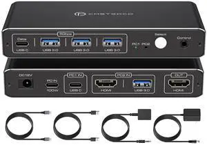 USB C KVM Switch 1 Monitors 2 Computers 4K@60Hz HDMI KVM Switches 2 Port for 1 Laptop 1 Desktop Share 1 Monitor Keyboard Mouse Hard Drives Printer Support 100W Charging for Laptop USB C KVM Switch 1 Monitors 2 Computers 4K@60Hz HDMI KVM Switches 2 Port for 1 Laptop 1 Desktop Share 1 Monitor Keyboard Mouse Hard Drives Printer Support 100W Charging for Laptop