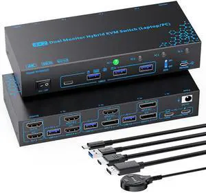 2 Monitors 4 Computers KVM Switch Laptop and Desktop 4 Port Hybrid USB-C Docking & Dual Displayport & DP HDMI & Dual HDMI 4K@60Hz KVM Switch with EDID Emulator, Support PD 100W Charging 2 Monitors 4 Computers KVM Switch Laptop and Desktop 4 Port Hybrid USB-C Docking & Dual Displayport & DP HDMI & Dual HDMI 4K@60Hz KVM Switch with EDID Emulator, Support PD 100W Charging