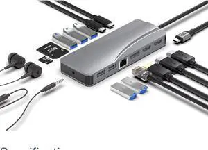 14-in-1 USB-C Docking Station, Universal USB 3.0 Hub with HDMI, Ethernet, Multiple USB Ports, Compatible with Laptop and MacBook, Silver 14-in-1 USB-C Docking Station, Universal USB 3.0 Hub with HDMI, Ethernet, Multiple USB Ports, Compatible with Laptop and MacBook, Silver