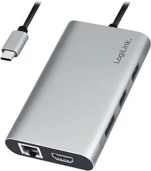 LogiLink UA0382 - USB 3.2 (Gen 1) Docking Station with 8 Ports and PD (Power Delivery) 100 W, 1 x USB-C (PD) / 2 x USB 3.0/2 x USB 2.0/1 x HDMI / 1 x DisplayPort / 1 x RJ45 / Silver LogiLink UA0382 - USB 3.2 (Gen 1) Docking Station with 8 Ports and PD (Power Delivery) 100 W, 1 x USB-C (PD) / 2 x USB 3.0/2 x USB 2.0/1 x HDMI / 1 x DisplayPort / 1 x RJ45 / Silver