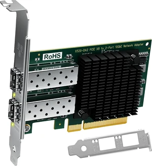 2X 10Gb/s SFP+ Fiber Ports Converged Ethernet Adapter for Servers, and Desktop PCs. PCIE x8 Interface to Dual 10GbE SFP+ Ports NIC Card, 82599ES 10GbE Ethernet Controller (X520-DA2) 2X 10Gb/s SFP+ Fiber Ports Converged Ethernet Adapter for Servers, and Desktop PCs. PCIE x8 Interface to Dual 10GbE SFP+ Ports NIC Card, 82599ES 10GbE Ethernet Controller (X520-DA2)