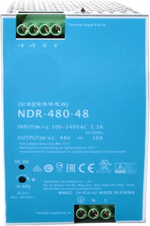 NDR-480-48 48V 10A 480W Industrial Power Supply, Active PFC, Short Circuit Protection, UL508 Certified, for Automation, Control Systems NDR-480-48 48V 10A 480W Industrial Power Supply, Active PFC, Short Circuit Protection, UL508 Certified, for Automation, Control Systems