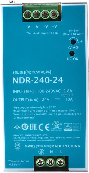 NDR-240-24 24V 10A 240W Single Output Switching Power Supply with PFC, UL Listed for Industrial Automation, Process Control, and More NDR-240-24 24V 10A 240W Single Output Switching Power Supply with PFC, UL Listed for Industrial Automation, Process Control, and More